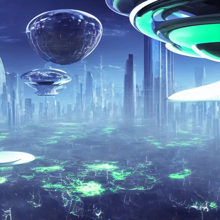 Futuristic cityscape with skyscrapers, orbs, and green ground under hazy sky