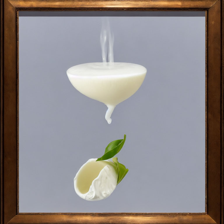 Surreal framed artwork: spilled milk bowl, broken egg half, leafy twig