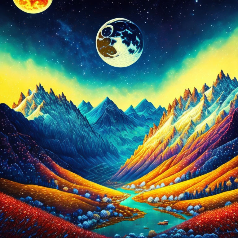 Colorful surreal landscape with mountains, river, stars, and celestial bodies