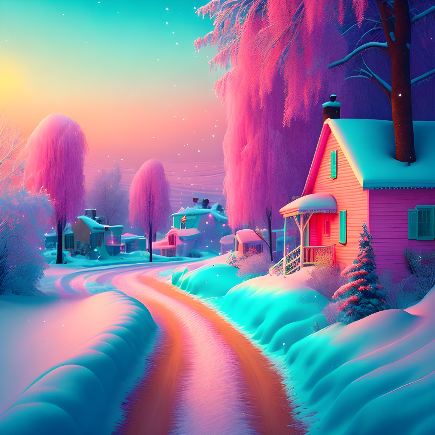 Snow-covered trees and pink glowing house in colorful winter scene