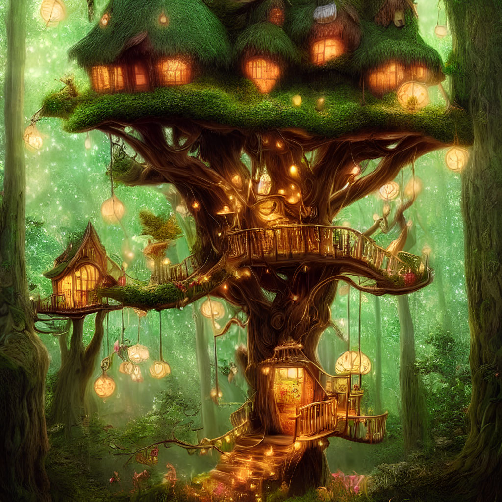 Whimsical treehouse with multiple cabins in lush forest