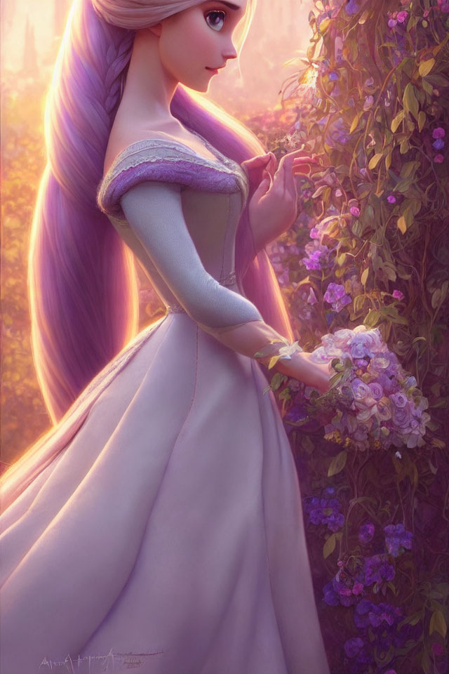 Animated woman with long purple hair in a lilac dress in sunlit garden with flowers.