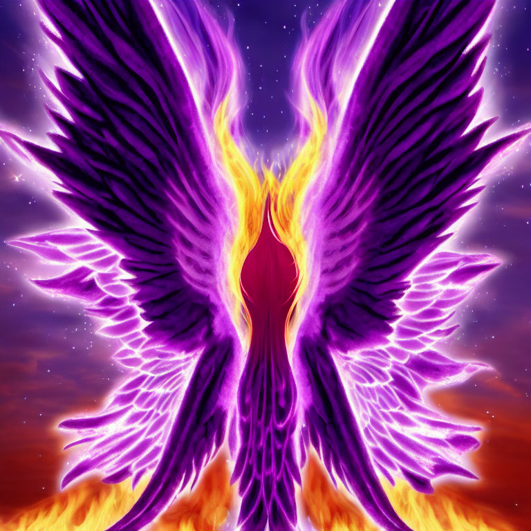Symmetrical Purple Phoenix Wings in Fiery Cosmic Scene