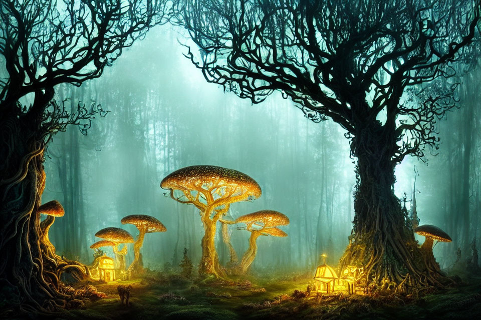 Enchanting forest scene with glowing mushrooms, illuminated houses, and foggy ambiance