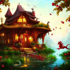 Thatched-Roof Cottage with Red Dragon in Fairytale Scene