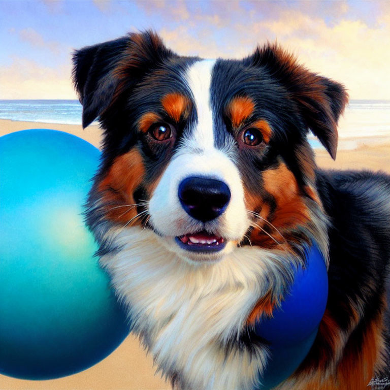 Tricolor Australian Shepherd Dog Holding Blue Ball by Ocean Sky