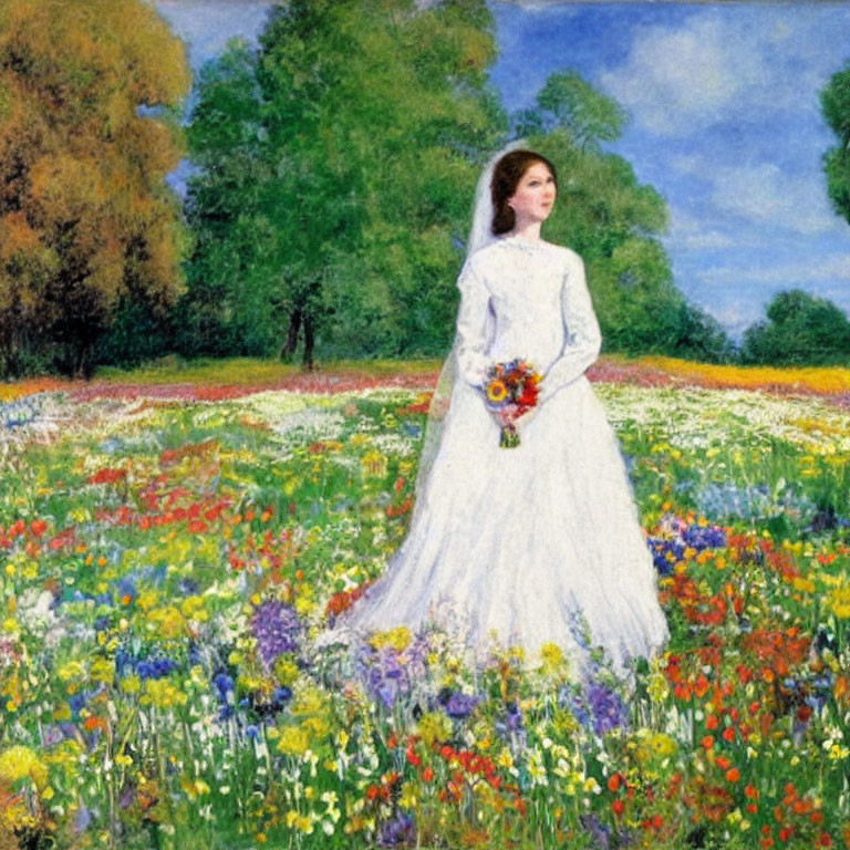 Woman in white dress surrounded by wildflowers in vibrant field