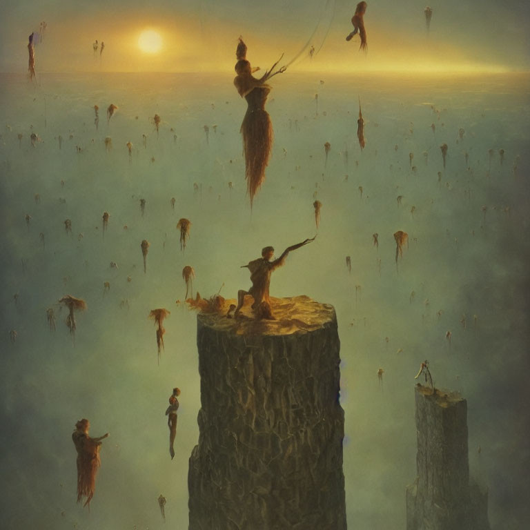 Multiple Floating Figures in Sunlit Clouds with Rocky Pillars