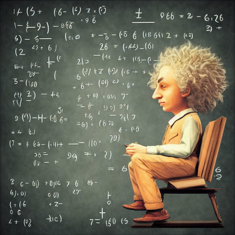 Whimsical illustration of young Einstein-like character with math equations on chalkboard