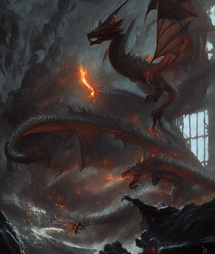 Menacing red dragon on stone structure with smoldering embers in dark lair