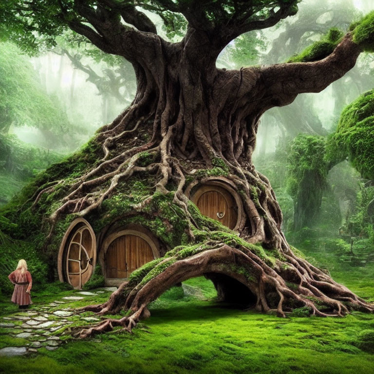 Enchanting forest scene with magical tree dwelling and figure