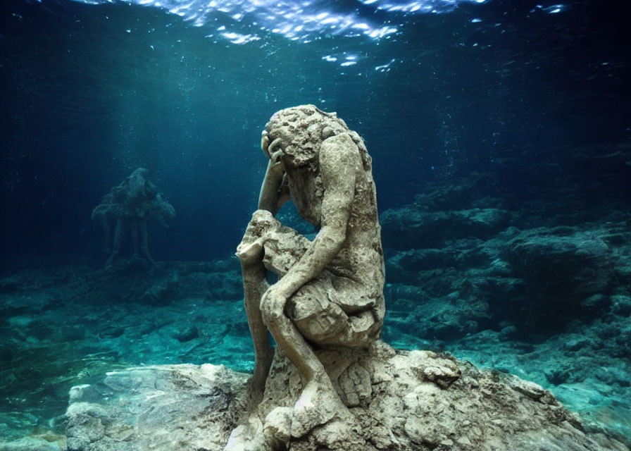 Sunlit underwater sculpture of person in marine ambiance