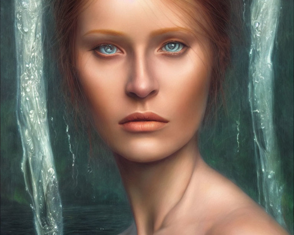 Portrait of Woman with Amber Eyes, Red Hair, and Streaming Water