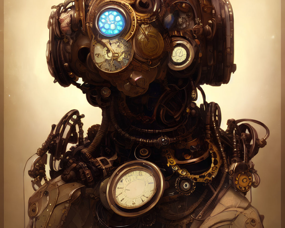 Detailed Steampunk Robot with Clock-like Eye