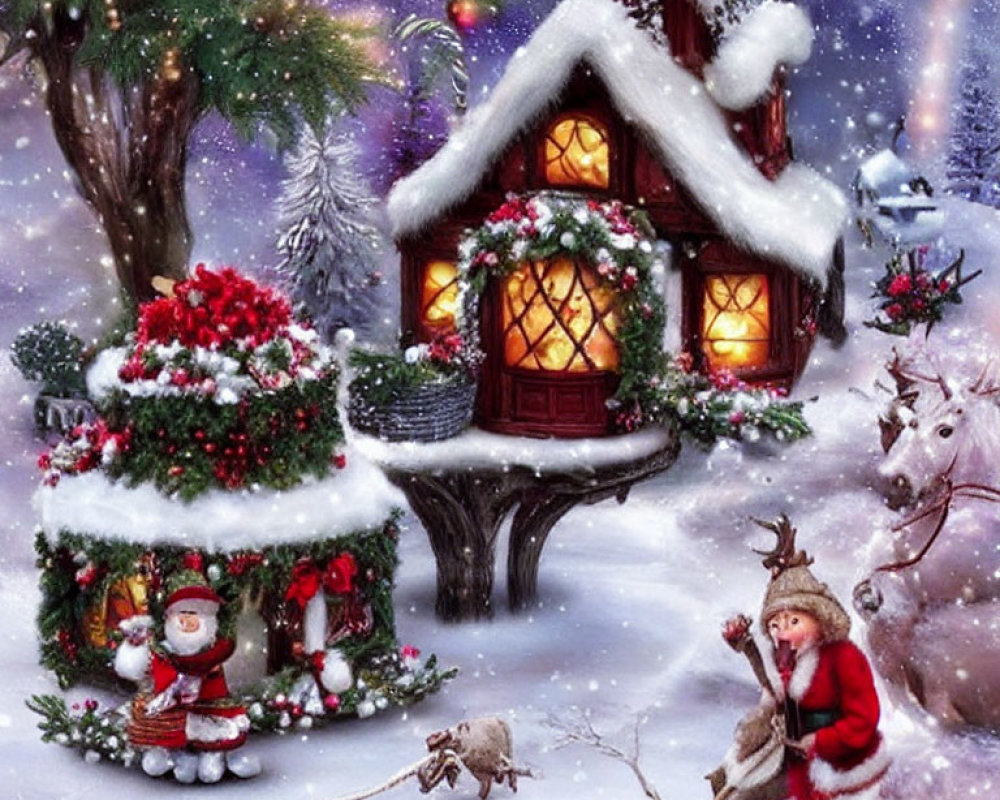 Snow-covered cottage with Christmas tree, child, deer, and Santa in winter scene
