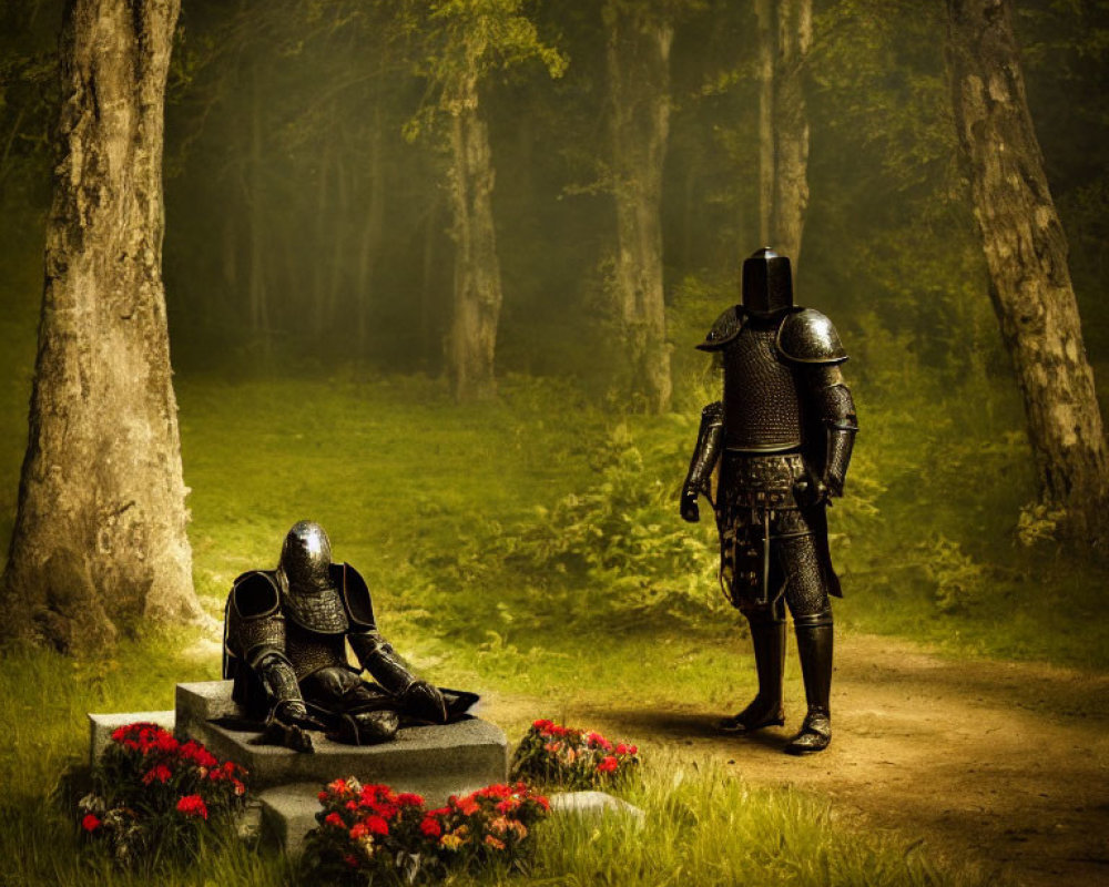 Knight standing by fallen comrade on stone slab in forest clearing with red flowers.