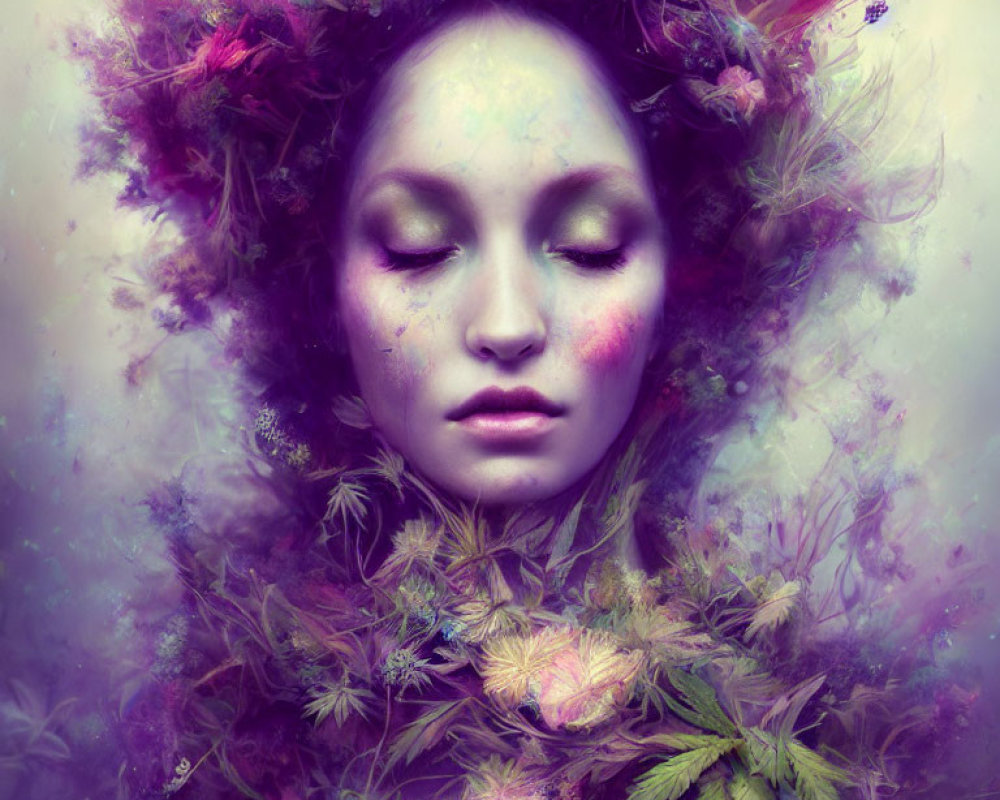 Surreal portrait with floral elements and vibrant purple hues