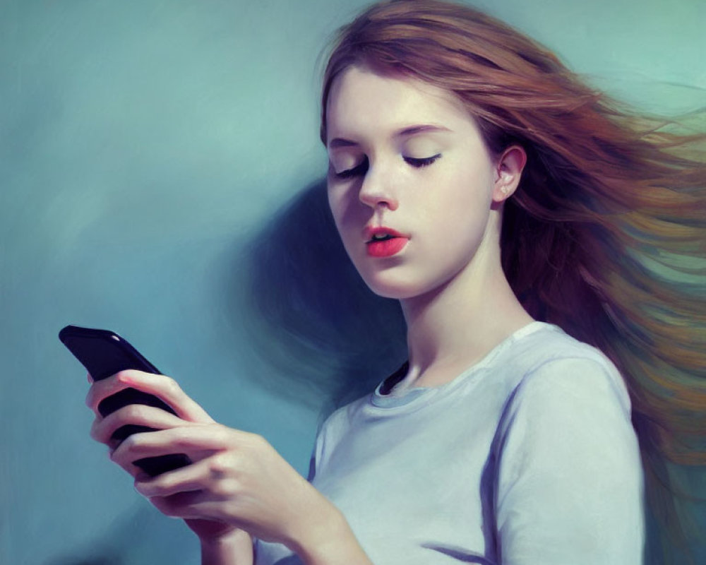 Young woman with flowing hair absorbed in smartphone against soft blue backdrop