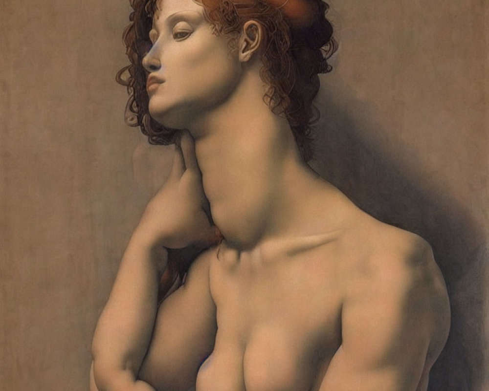Reddish-haired woman with bare shoulders in updo against muted backdrop