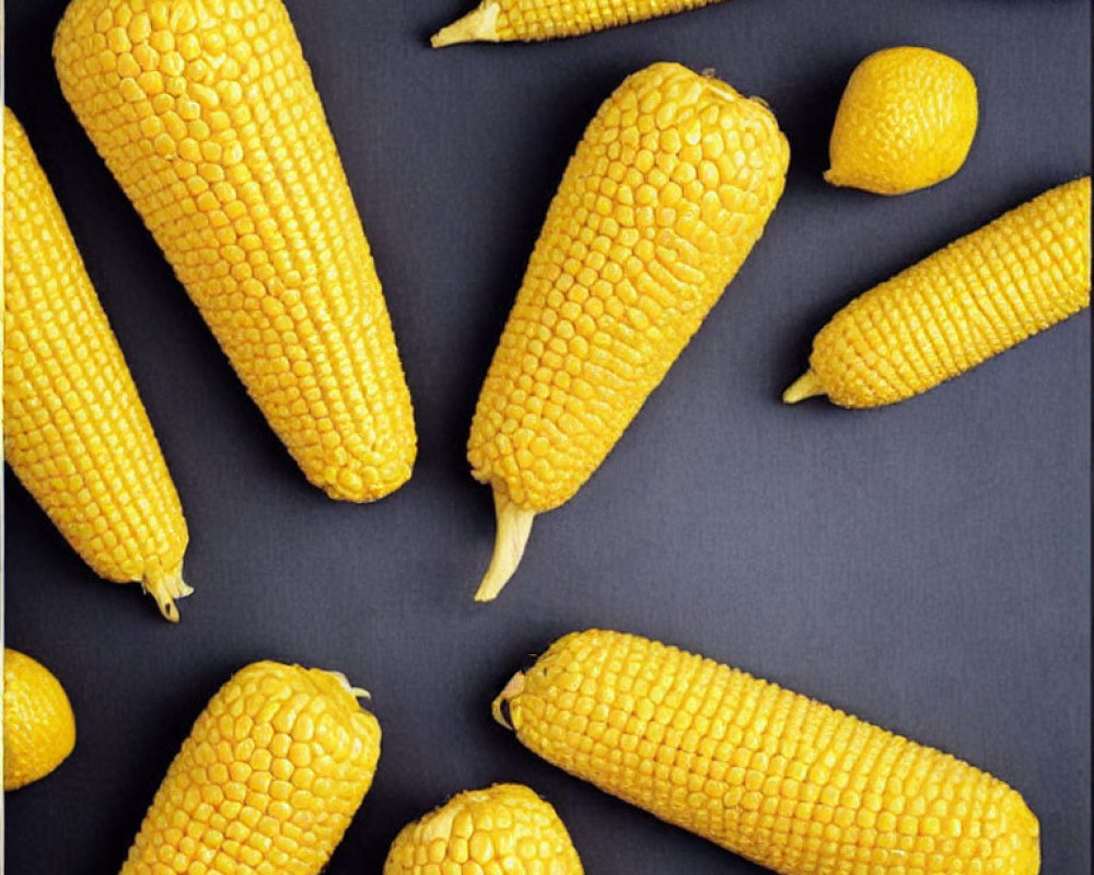 Fresh yellow corn ears and lemon halves on dark gray backdrop