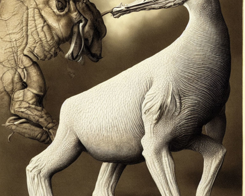 Sepia-Toned Prehistoric Dinosaur Illustration with Detailed Line Work