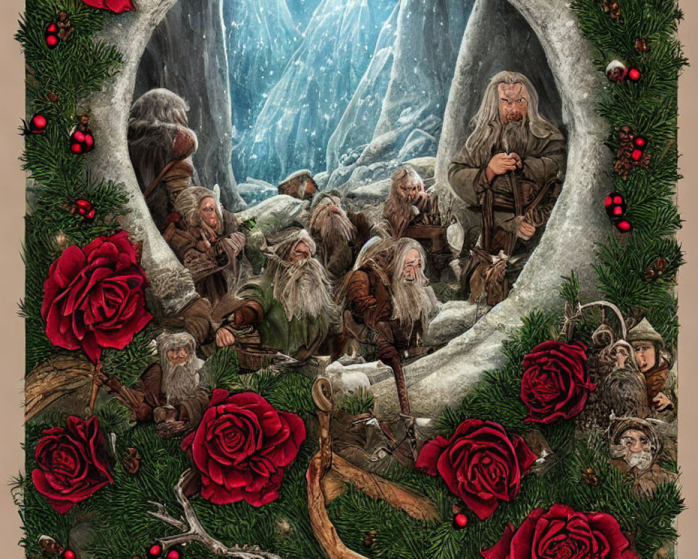 Fantasy dwarves in circular frame with red roses and holly in icy cave