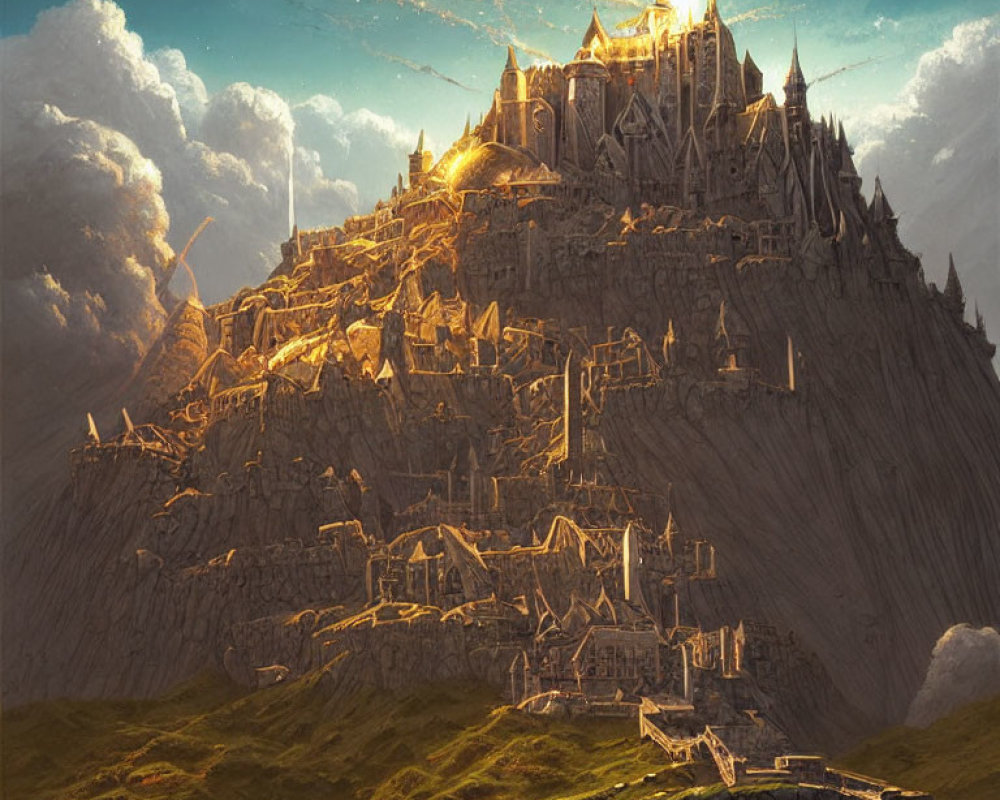 Majestic fantasy castle on rugged mountain under sunlight