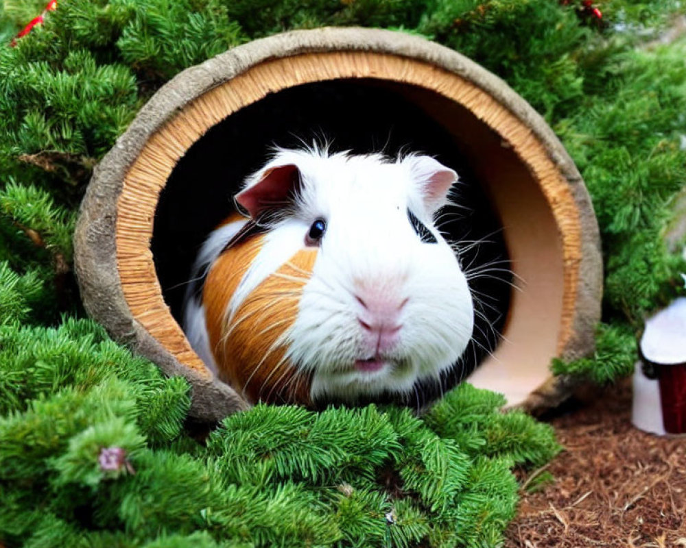 Guinea Pig in Festive Holiday Setting with Cozy Tunnel