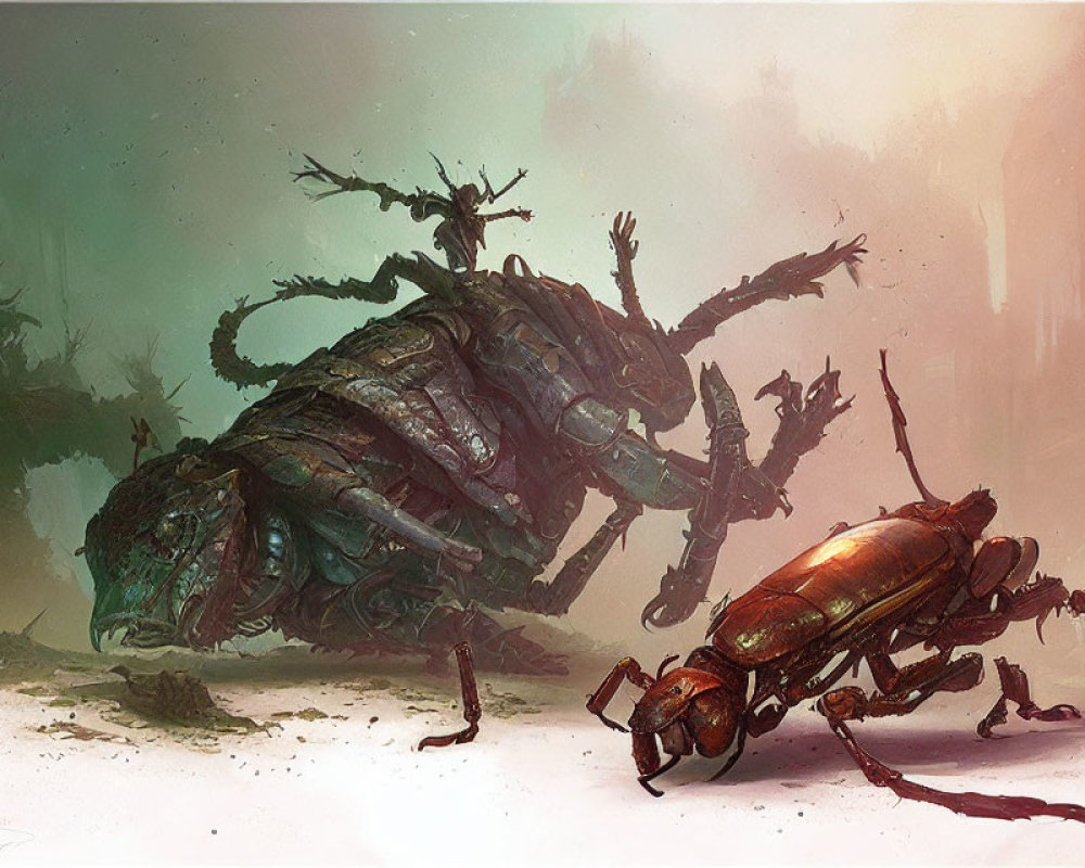 Digital artwork of oversized beetles in misty forest with one seemingly deceased.