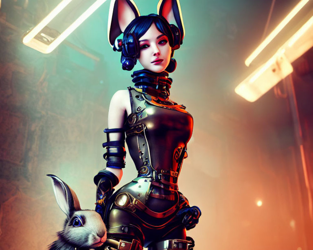 Futuristic 3D woman with cat ears and rabbit in neon-lit scene