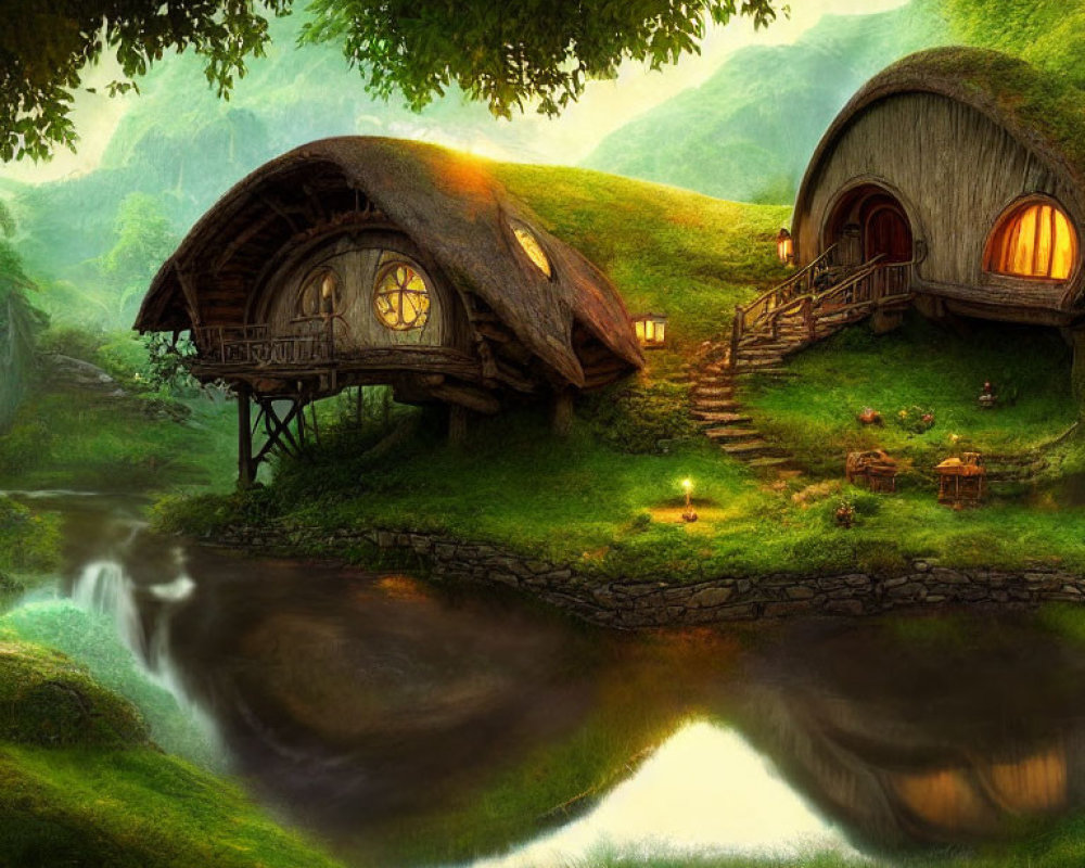 Charming hobbit-like homes with thatched roofs in serene forest setting