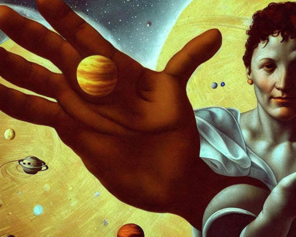 Classical figure merges with cosmic scene, hand reaching out amidst orbiting planets