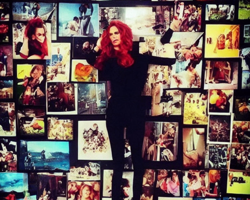 Red-haired woman surrounded by photo wall memories