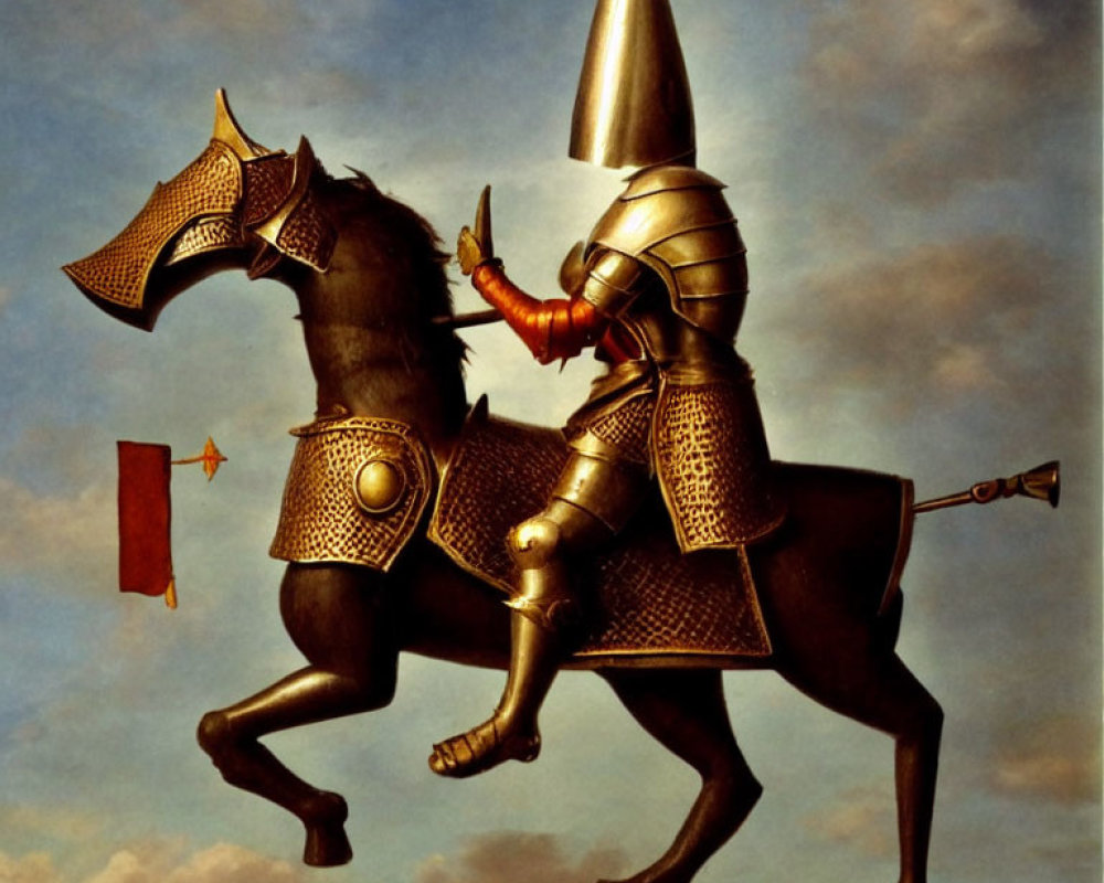Surreal painting of knight and horse in medieval armor against cloudy sky