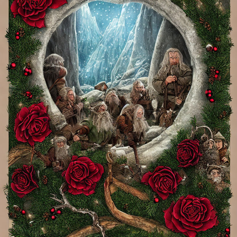 Fantasy dwarves in circular frame with red roses and holly in icy cave