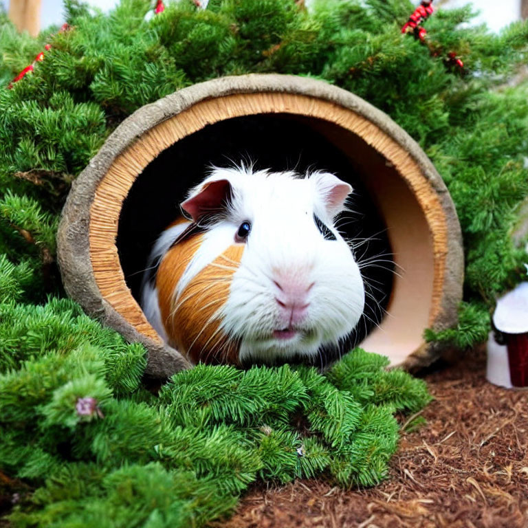 Guinea Pig in Festive Holiday Setting with Cozy Tunnel