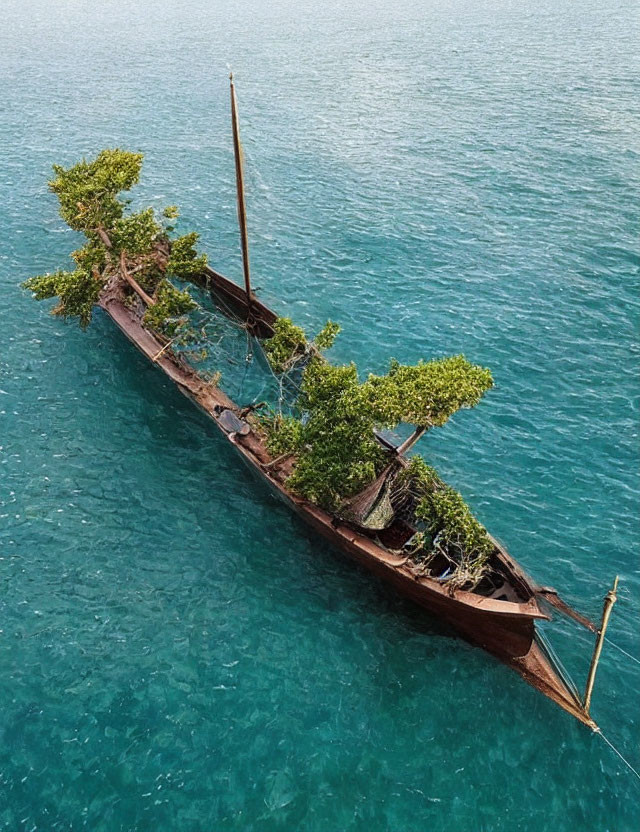 Partially submerged old wooden boat with trees in clear blue waters