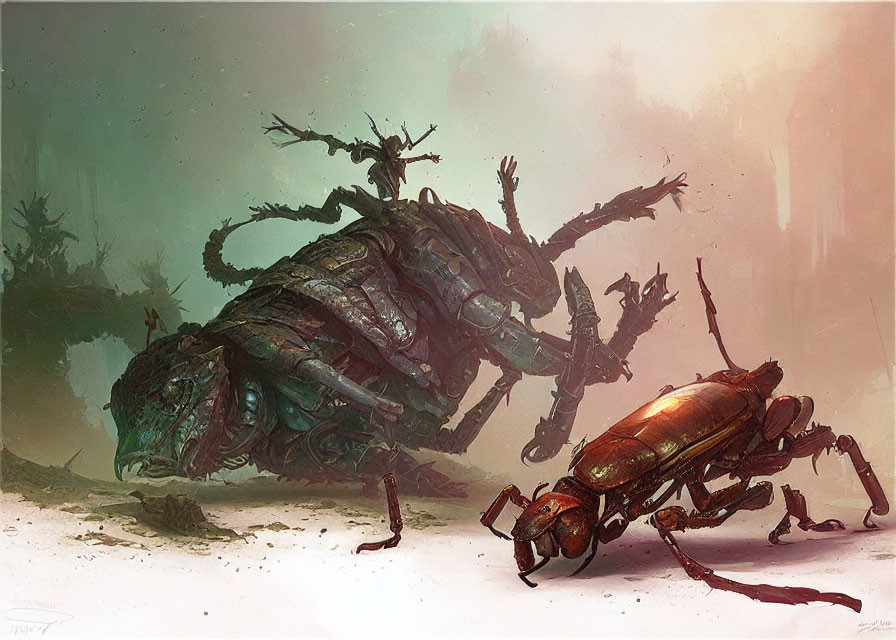 Digital artwork of oversized beetles in misty forest with one seemingly deceased.