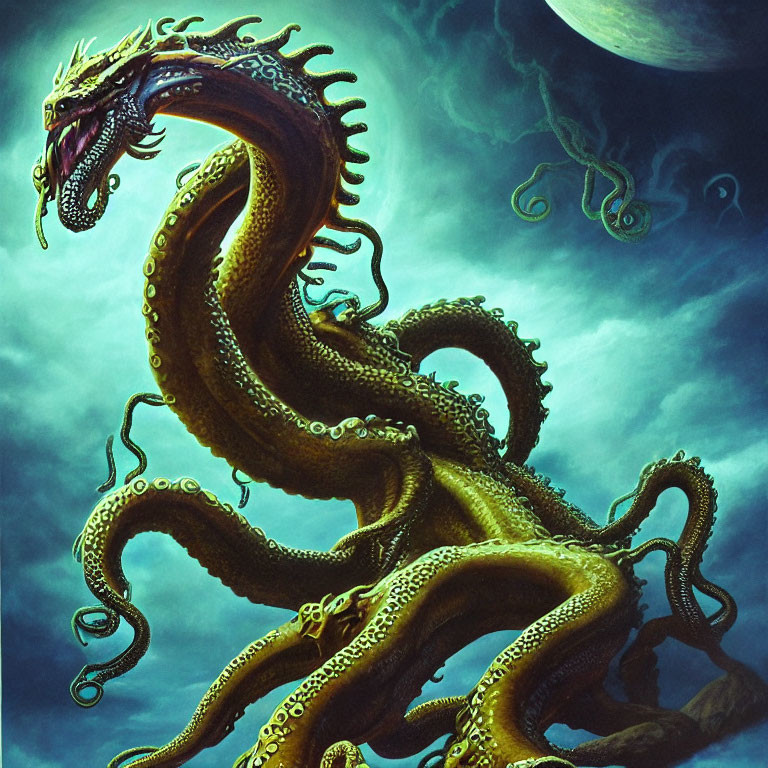 Sinister sea monster with multiple tentacles and sharp teeth emerges under moonlit sky.