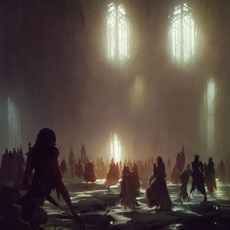 Dimly Lit Hall with Cloaked Figures and Glowing Central Figure