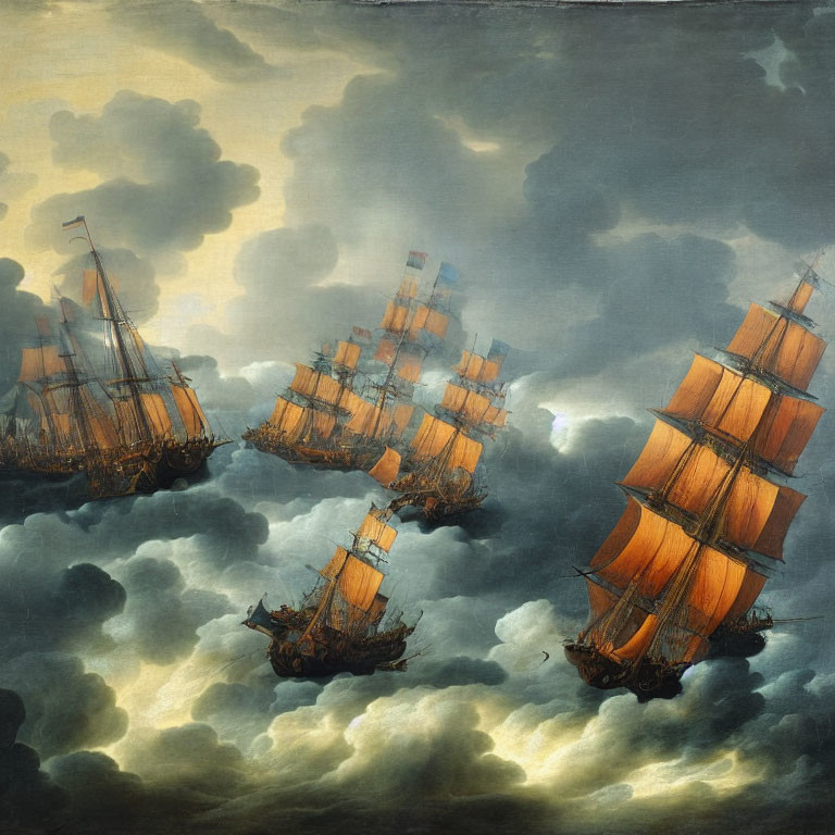 Three sailing ships on turbulent sea under a moody sky with billowing clouds