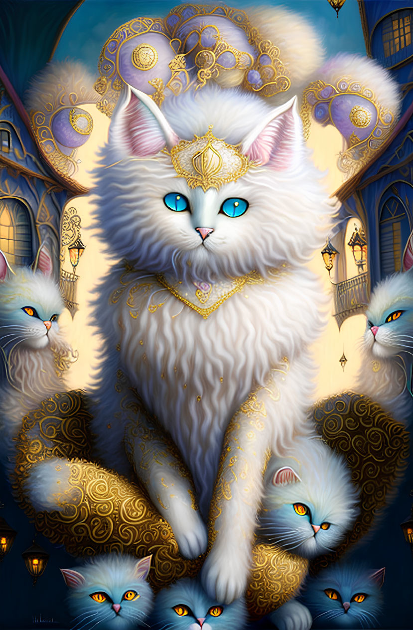Majestic white cat with blue eyes in golden crown, surrounded by fantasy backdrop