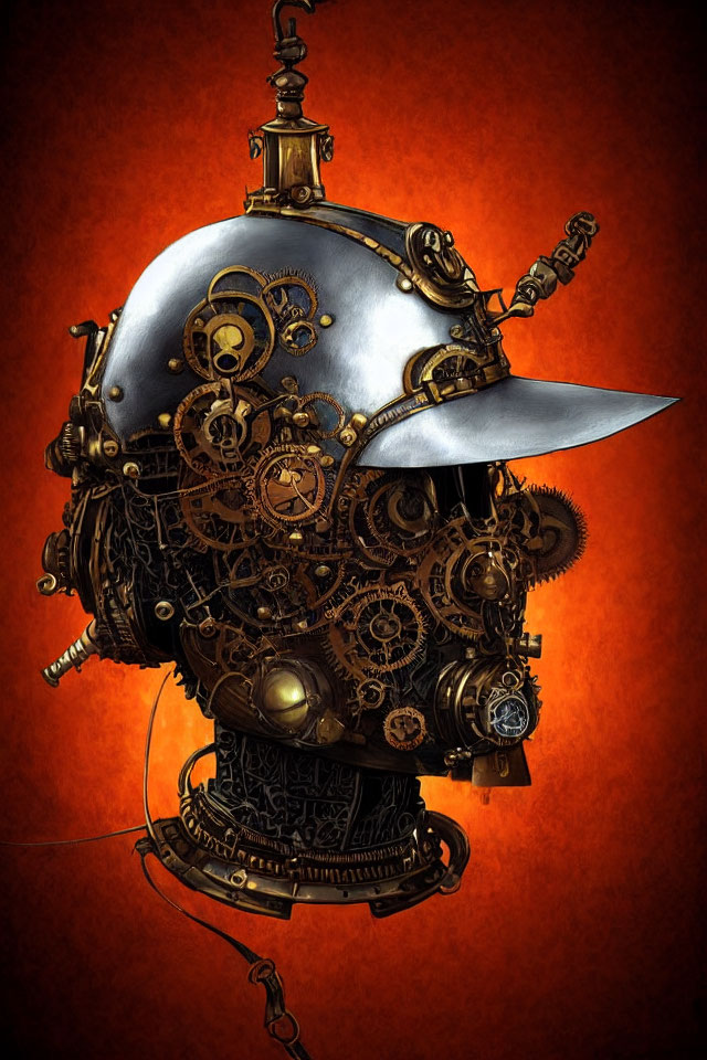 Steampunk Style Helmet with Gears and Cogs on Burnt Orange Background