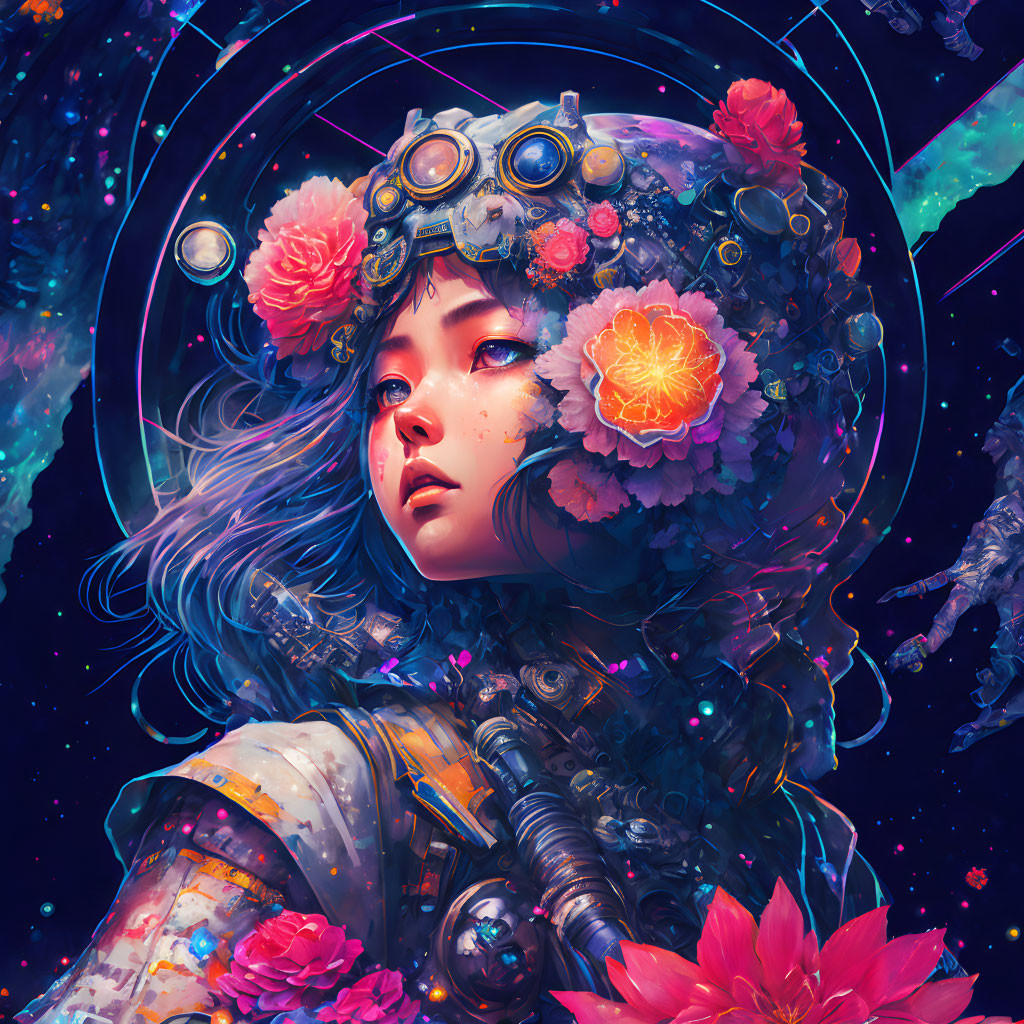 Vibrant digital artwork of a girl with blue hair and flowers in cosmic setting