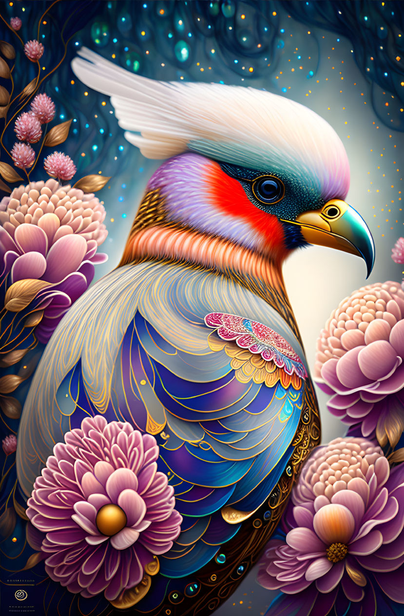 Colorful Bird Illustration with Floral and Starry Background