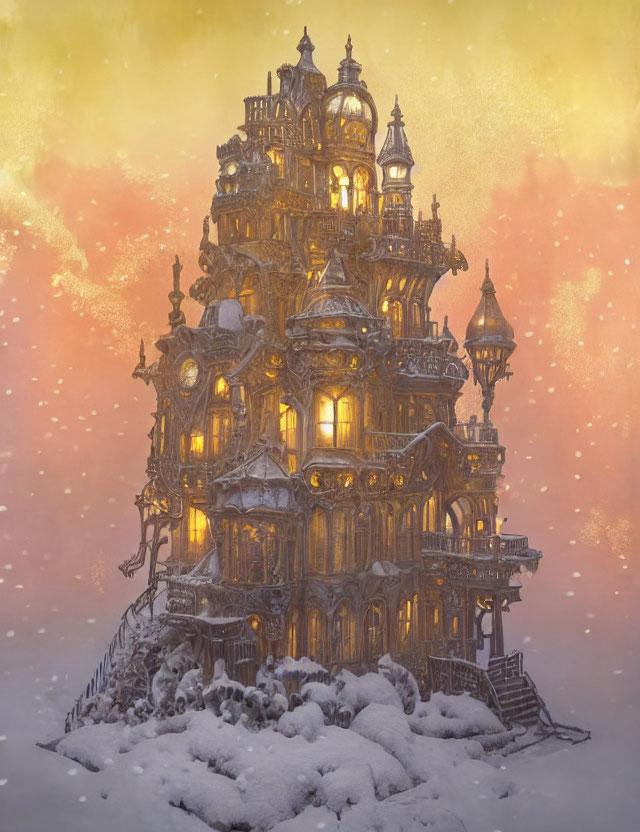 Fantasy snow-covered building under dusky sky