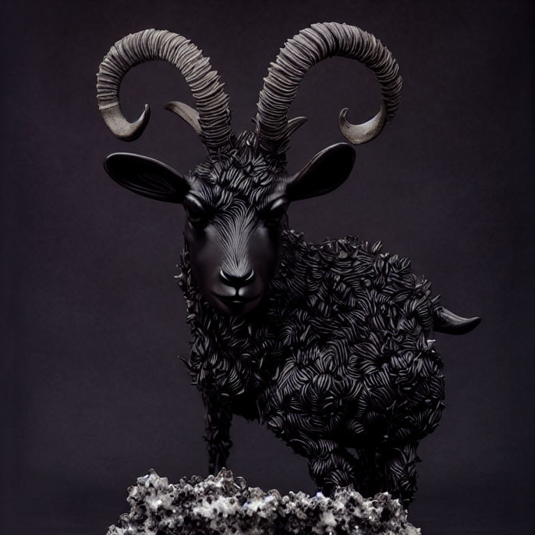 Textured black ram sculpture with spiraled horns on rocky base
