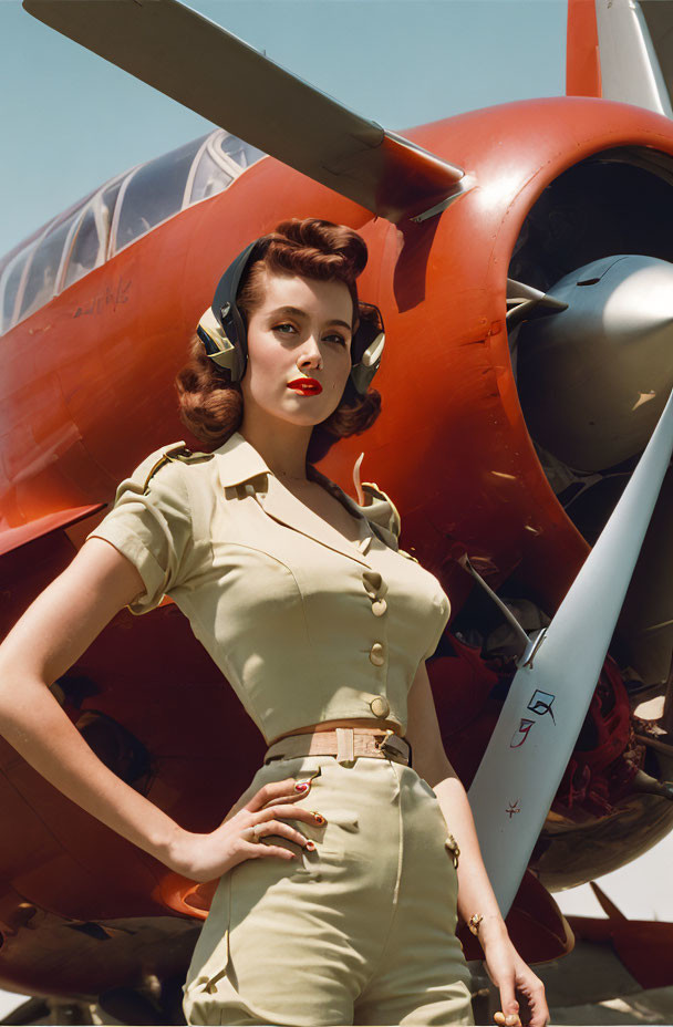 Vintage portrait of woman in stylish outfit with red propeller airplane