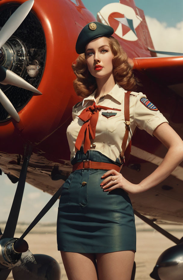 Vintage military-style woman by propeller plane in 1940s aesthetic