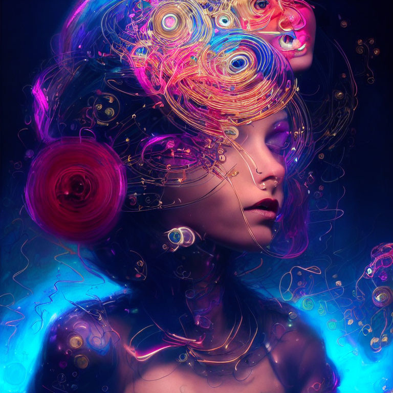 Vibrant swirling patterns in surreal portrait of woman